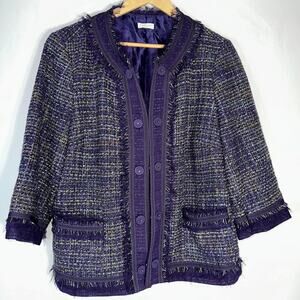 Chicos Tweed Plaid Boucle Jacket Womens 2 Purple Plaid Womens Large